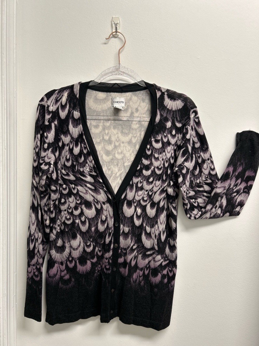 Chico's Black and Lilac Feather-Print V-Neck Cardigan